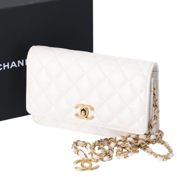 CHANEL Fit For You Wallet On Chain WOC Pearly Caviar Quilted Iridescent White - Picture 1 of 10